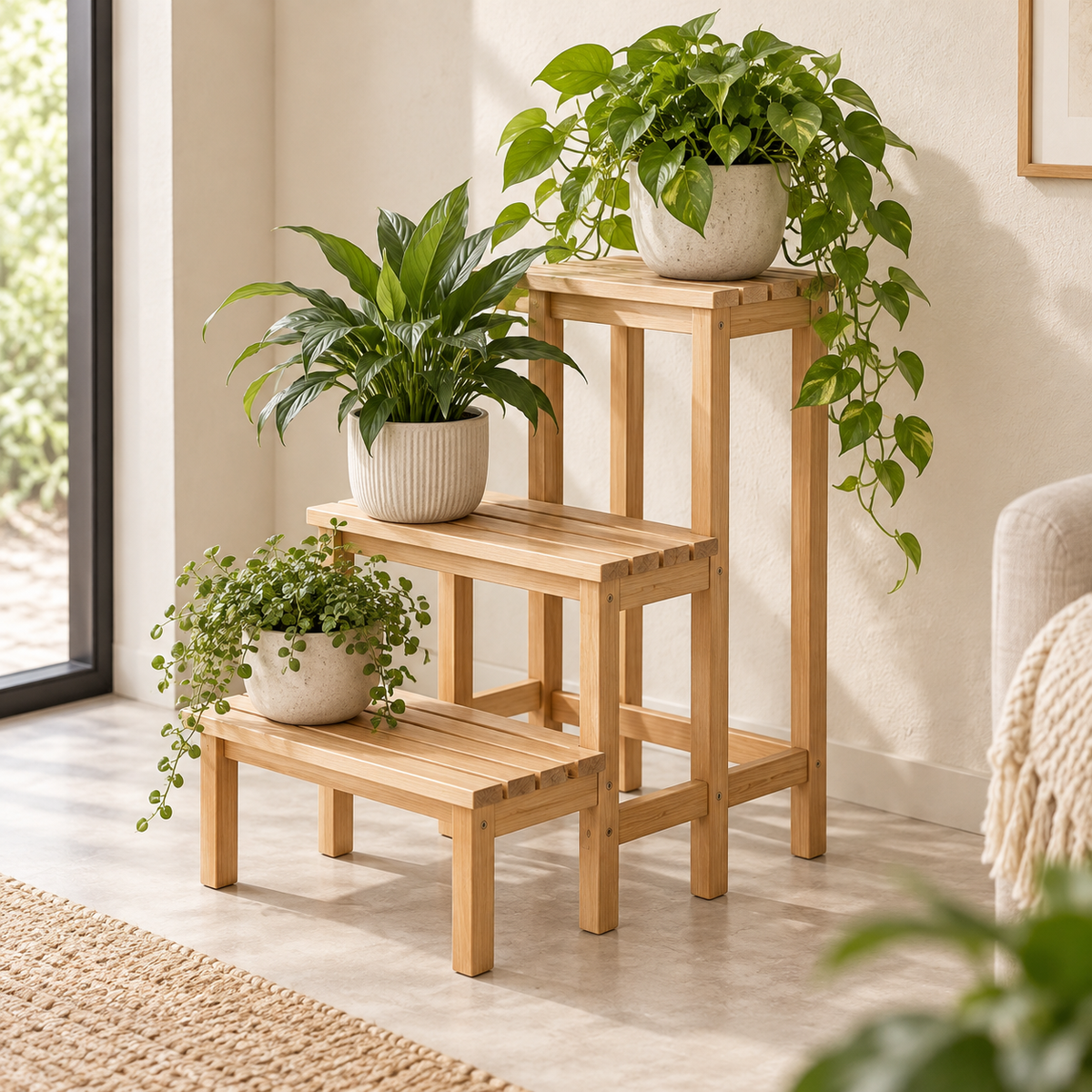 Aster Tiered Plant Stand — generated design visualization; pots and plants are styling props