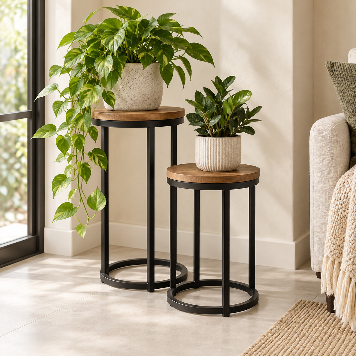 Juniper Nesting Plant Stands — generated design visualization; pots and plants are styling props