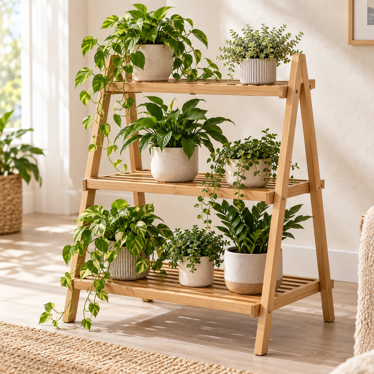 Hazel A-Frame Plant Shelf — generated design visualization; pots and plants are styling props