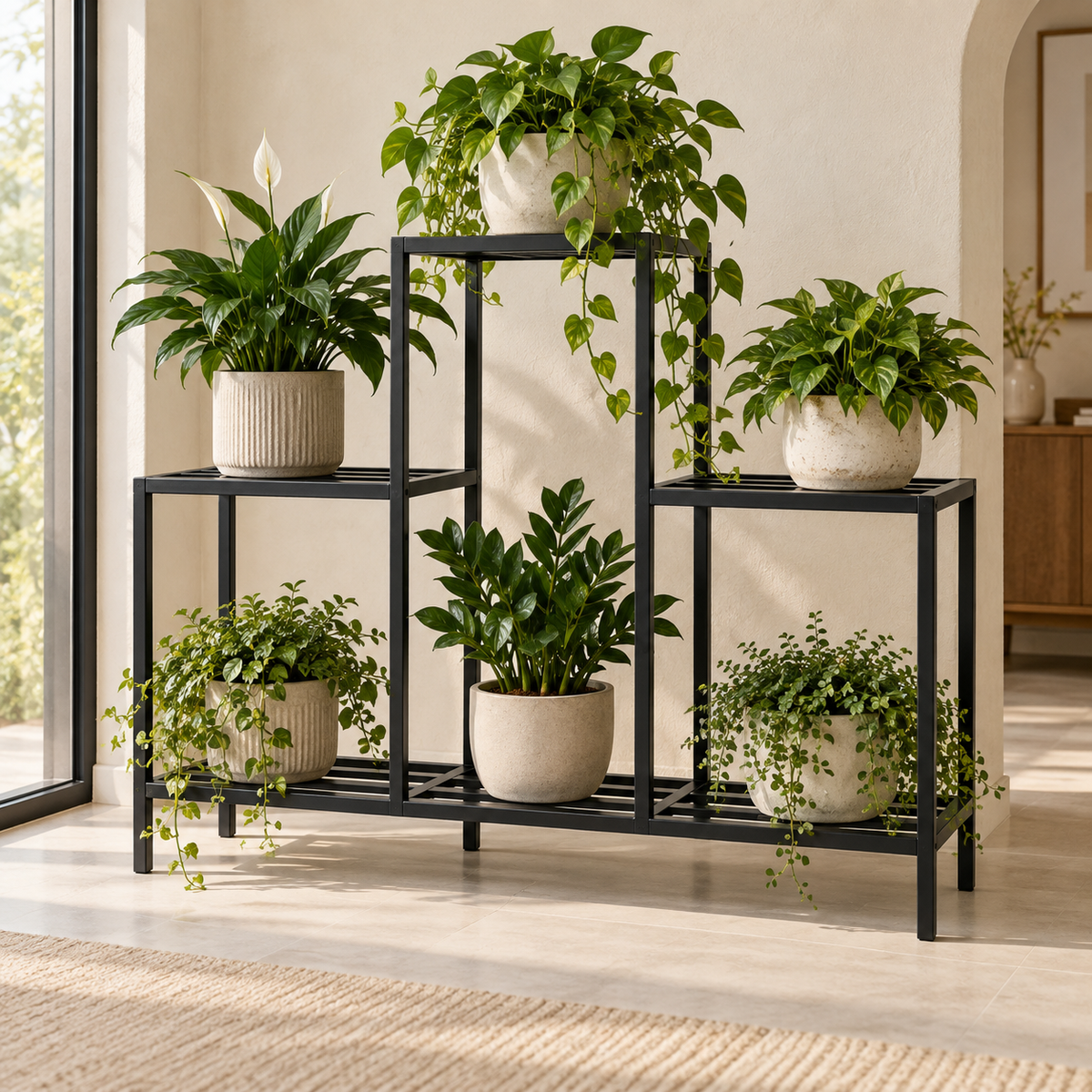 Moss Open Grid Plant Rack — generated design visualization; pots and plants are styling props