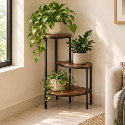 Fern Corner Plant Stand — generated design visualization; pots and plants are styling props