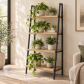Willow Ladder Plant Shelf — generated design visualization; pots and plants are styling props
