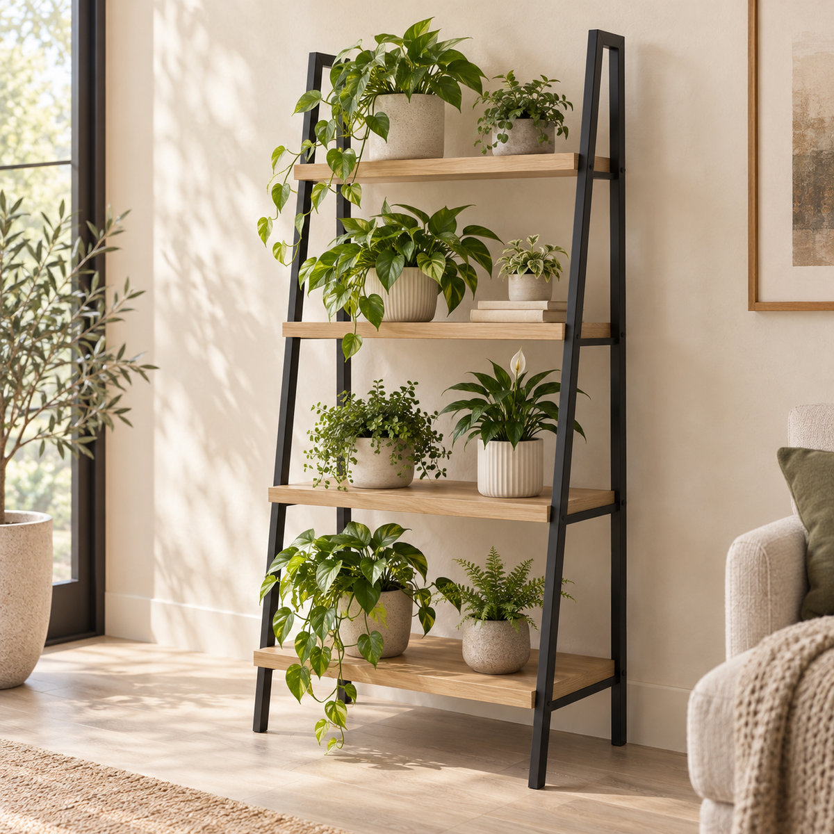 Willow Ladder Plant Shelf — generated design visualization; pots and plants are styling props