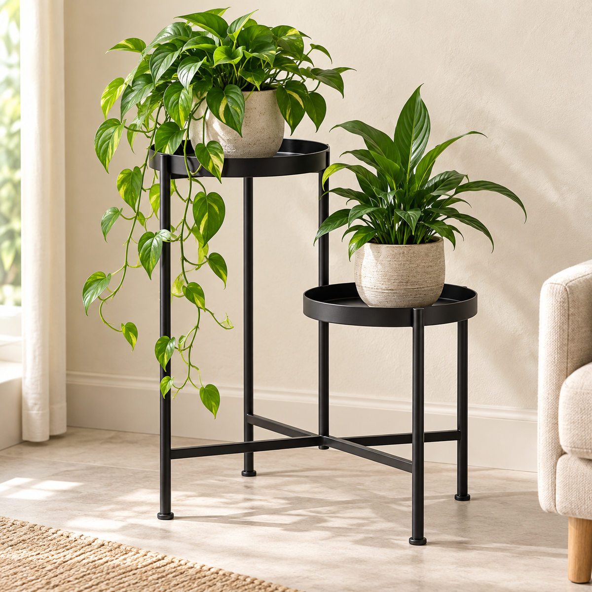 Olive Double Pedestal Stand — generated design visualization; pots and plants are styling props