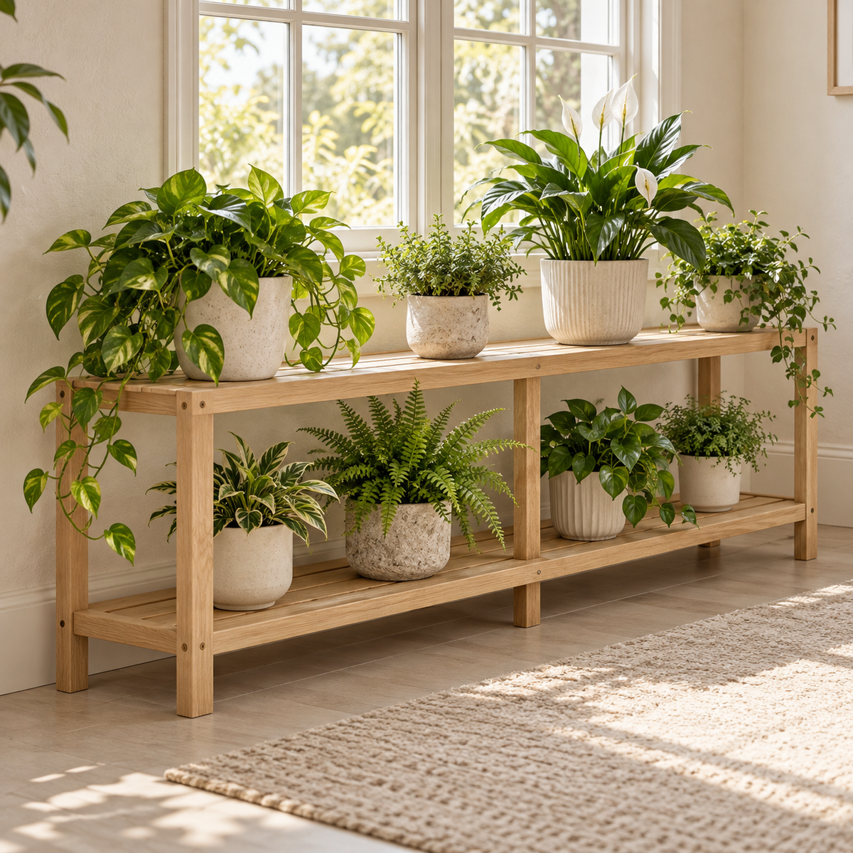 Ivy Window Plant Shelf — generated design visualization; pots and plants are styling props