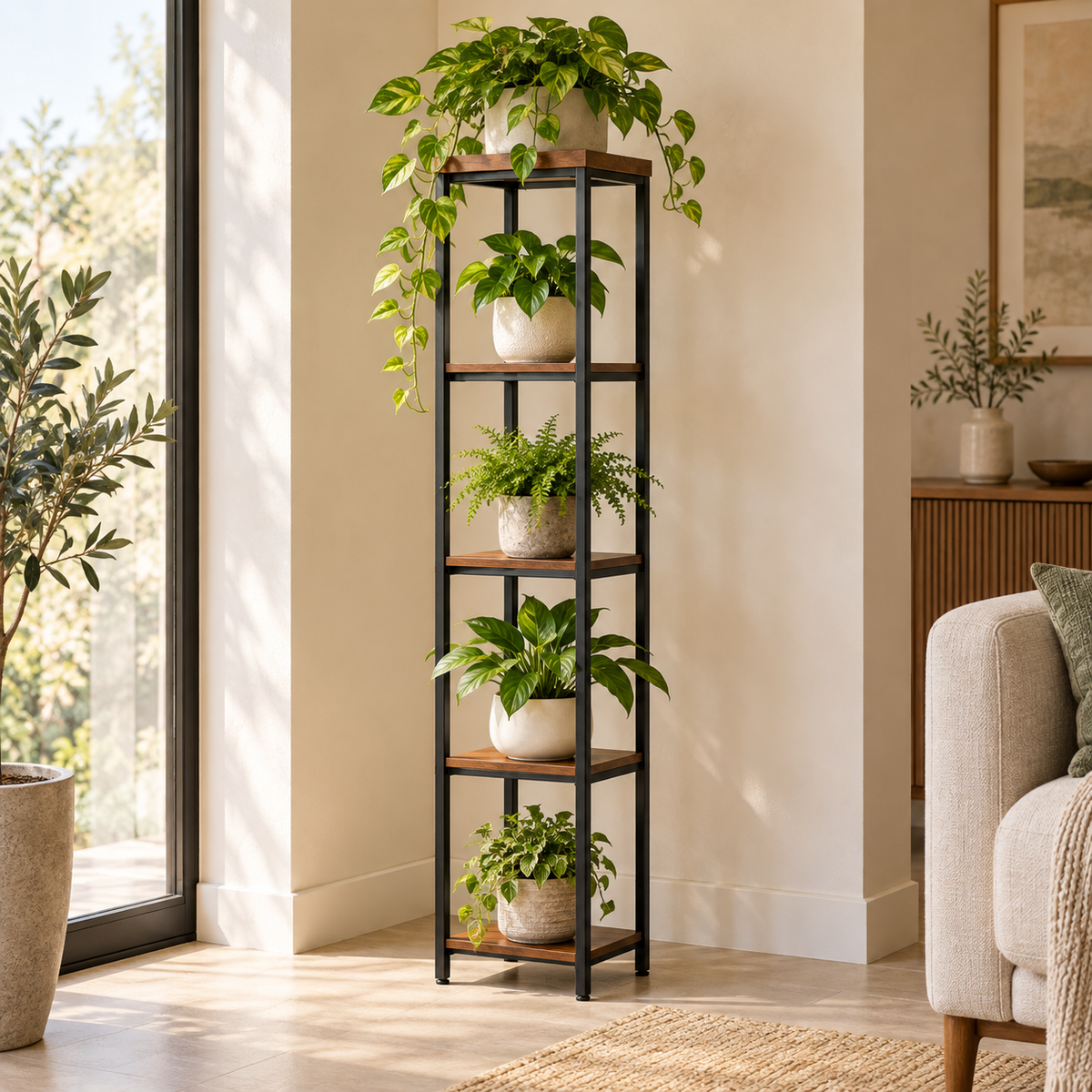 Cedar Five-Level Display Stand — generated design visualization; pots and plants are styling props