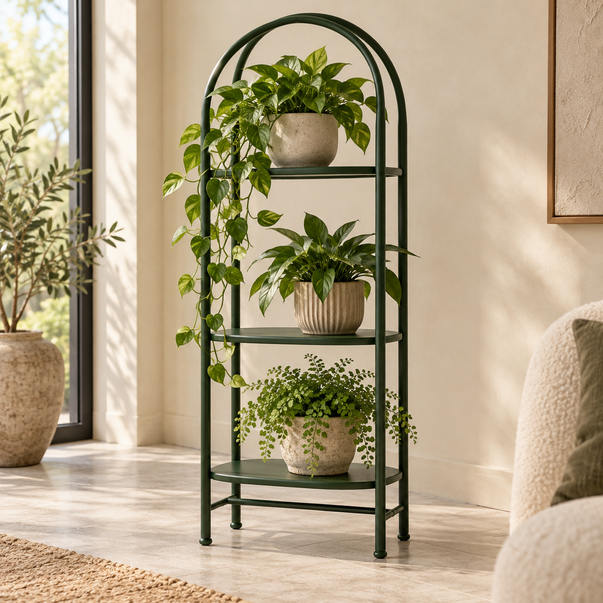 Sage Arch Plant Stand — generated design visualization; pots and plants are styling props