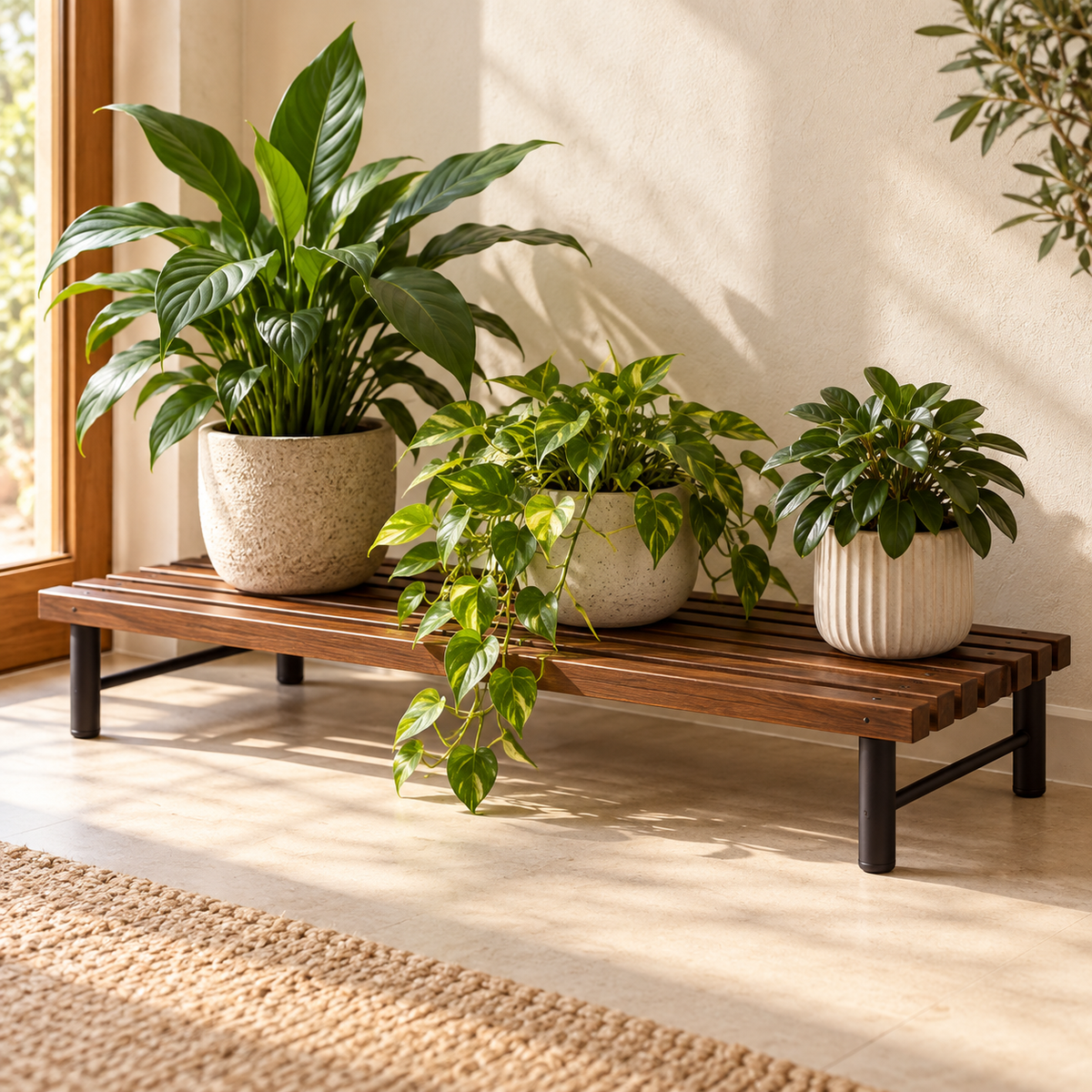 Laurel Wide Plant Bench — generated design visualization; pots and plants are styling props