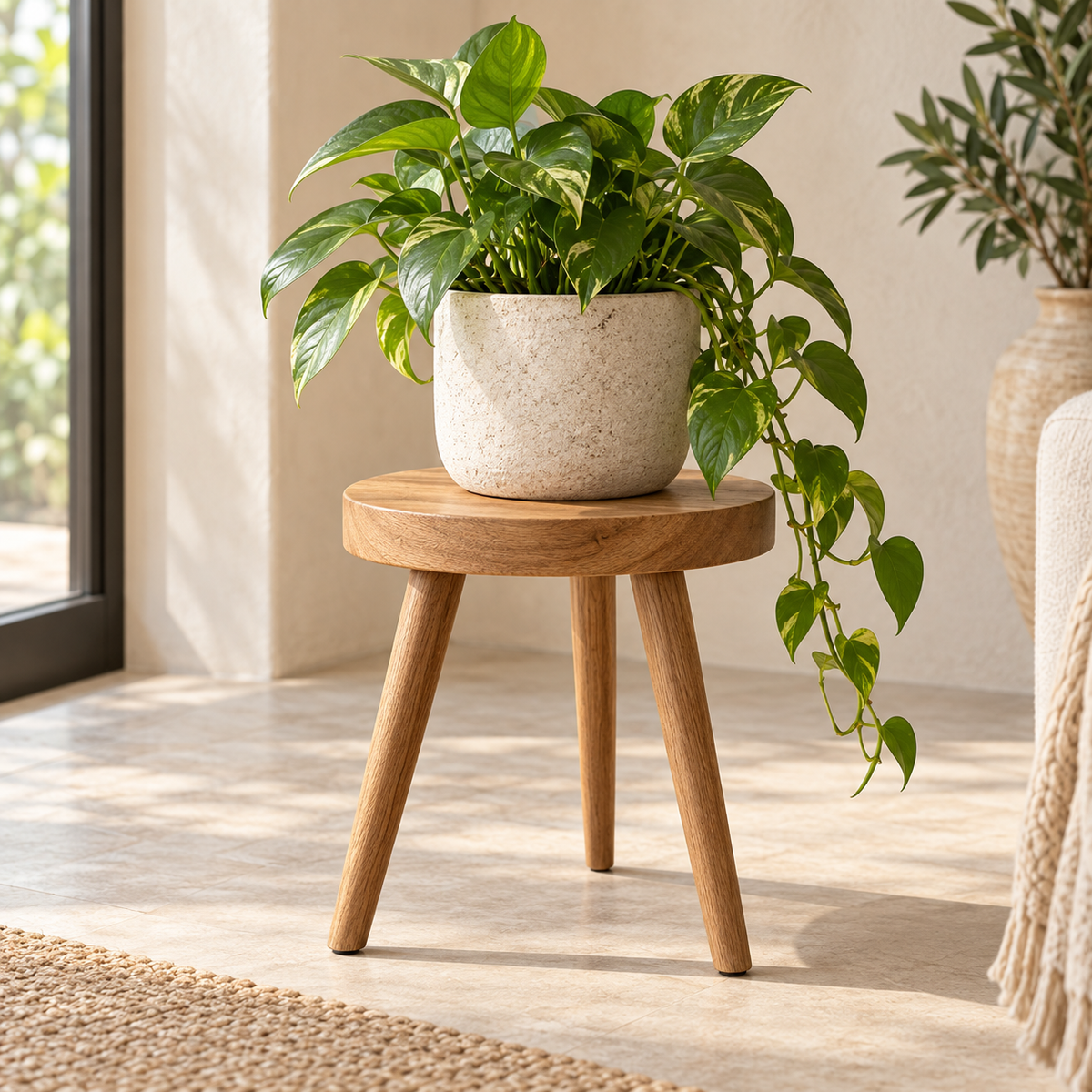 Poppy Round Pedestal Stand — generated design visualization; pots and plants are styling props